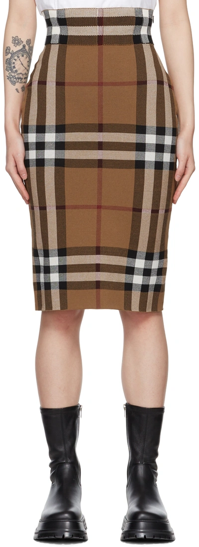 Burberry Checked Jacquard-knit Cotton-blend Midi Skirt In Birch Brown