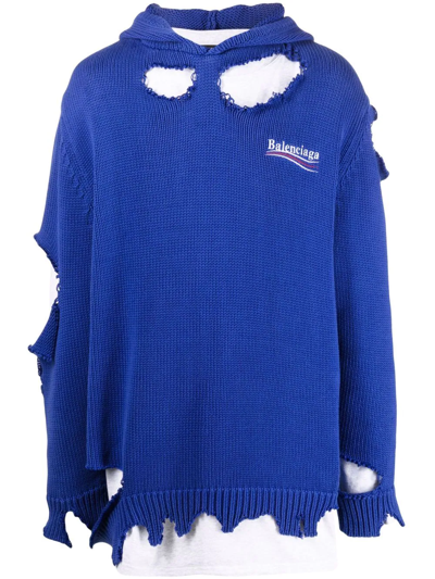 Balenciaga Logo-embroidered Distressed Cotton Hooded Sweater In Blue |  ModeSens