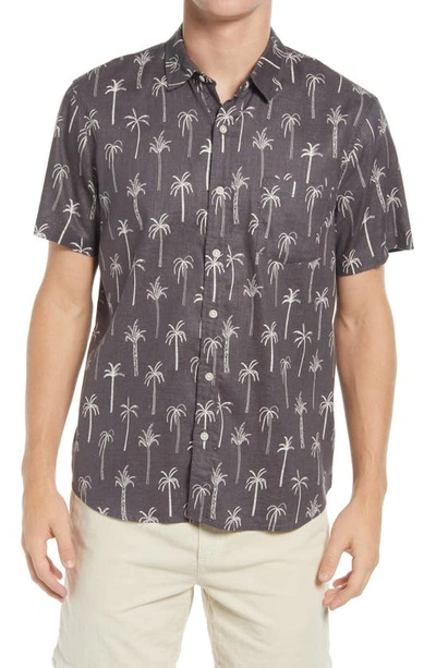 Marine Layer Palm Tree Short Sleeve Button-up Hemp Blend Shirt In Black Palm Print