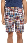 Berle Patchwork Madras Flat Front Shorts In Blue