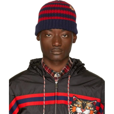 Gucci Red And Navy Striped Wool Beanie In 4074 Mid.night Bl/re