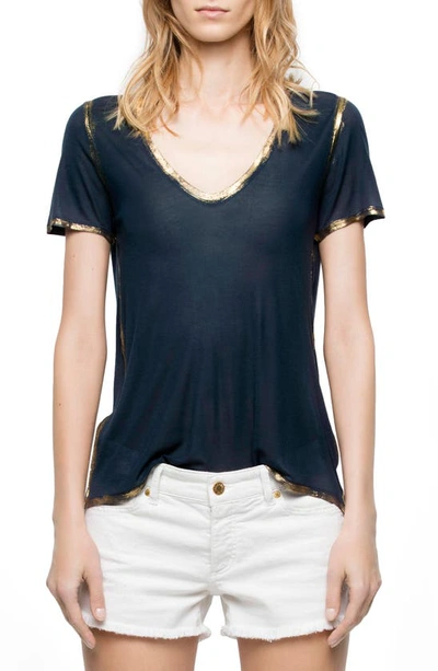 Zadig & Voltaire Tino Golden Foil V-neck Short-sleeve Tee In Blue