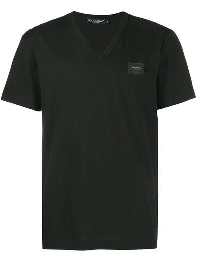 Dolce & Gabbana Cotton V-neck T-shirt With Branded Plate In Black