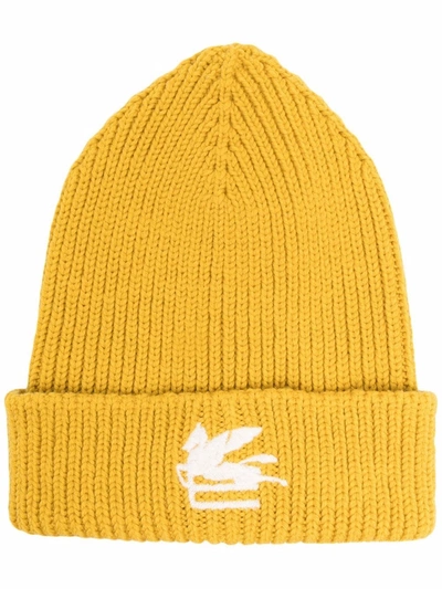 Etro Logo-patch Knitted Beanie In Yellow