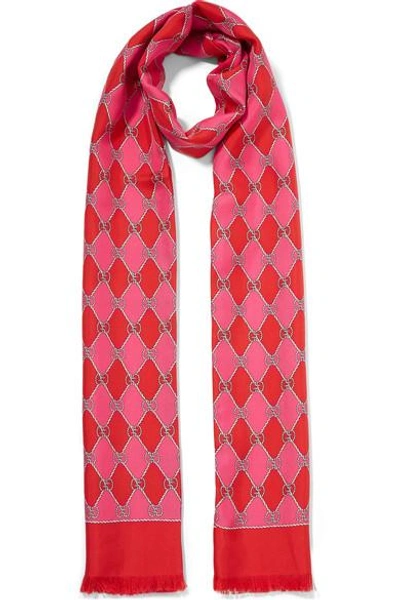 Gucci Fringed Printed Silk-twill Scarf In Pink