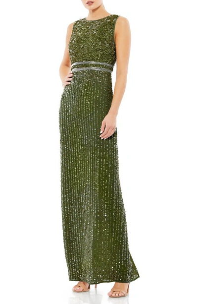 Mac Duggal Sleeveless Sequin Column Gown In Olive