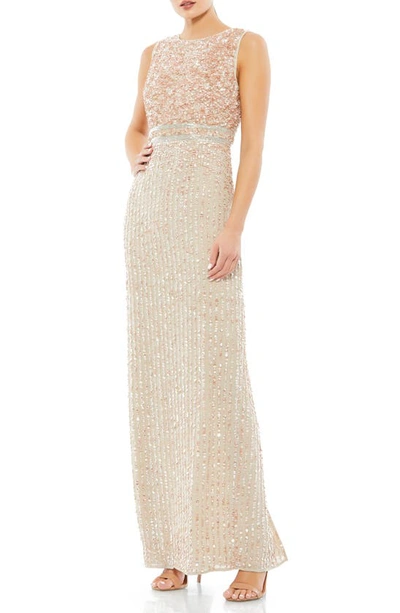 Mac Duggal Sequin Sleeveless Column Gown In Nude