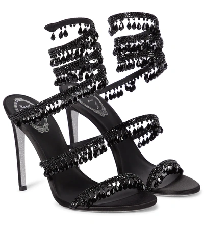 René Caovilla Cleo Embellished Satin And Leather Sandals In Black