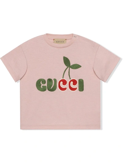 Gucci Kids' Cherry Print Cotton T-shirt In Pink