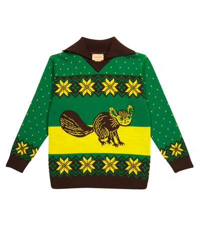 Gucci Kids' X Freya Hartas Intarsia Wool Sweater In Green