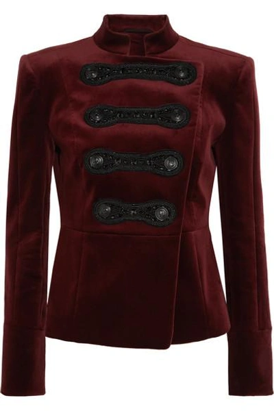 skat Illusion Stige Pierre Balmain Woman Double-breasted Embellished Cotton-blend Velvet Jacket  Burgundy | ModeSens