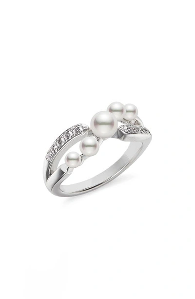Mikimoto Cluster Cultured Pearl & Diamond Ring In White Gold/ Diamond
