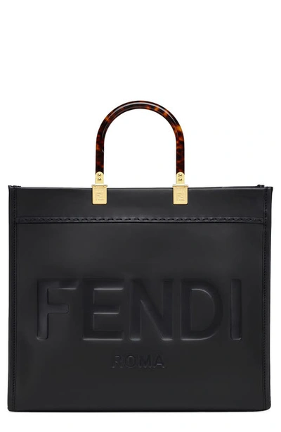 Fendi Medium Sunshine Leather Shopper In F0kur Black