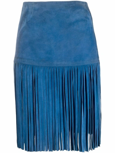 Pre-owned Saint Laurent 1970s Fringe Suede Skirt In Blue