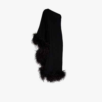 Taller Marmo Ubud One-shoulder Feather-trimmed Crepe Maxi Dress In Black
