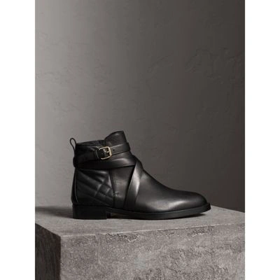 Burberry Strap Detail Quilted Leather Ankle Boots In Black