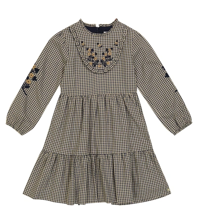 Tartine Et Chocolat Kids' Embroidered Gingham Stretch-cotton Dress In Navy