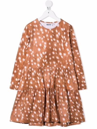 Molo Kids' Deer-print Ruffled Dress In Brown