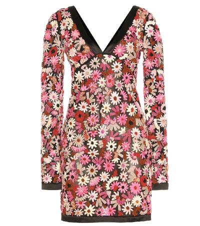 Tom Ford Long-sleeve Floral-embroidered V-neck Dress, Pink In Multicoloured