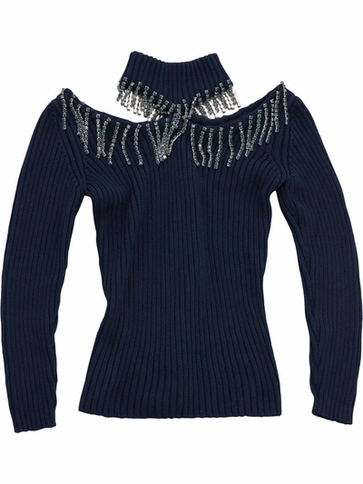 Christopher Kane Cupchain Fringe Trim Turtleneck Jumper In Blue