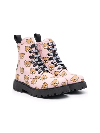 Moschino Kids' Teddy-print Leather Boots In Pink