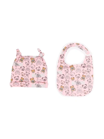Moschino Babies' Teddy Bear Print Hat Set In Pink