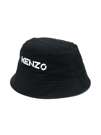 Kenzo Kids' Logo Print Cotton Bucket Hat In Black