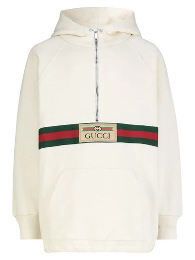 Gucci Kids' Web Detail Cotton Sweatshirt Hoodie In Beige