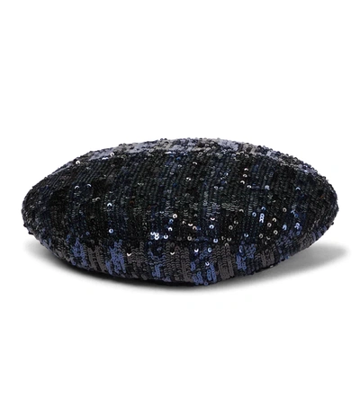 Maison Michel Billy Striped Sequin Beret In Black,blue