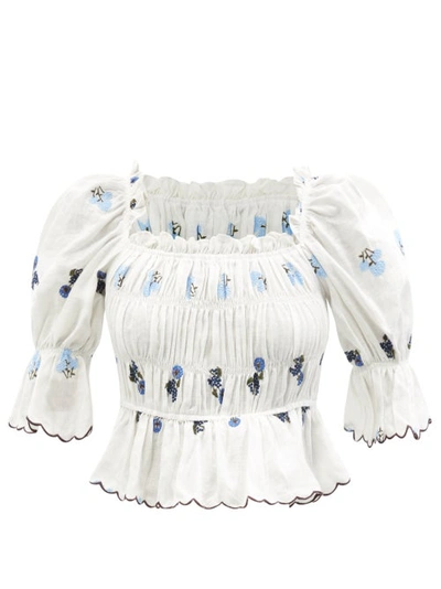 Lug Von Siga Emily Floral-embroidered Smocked Linen Top In White