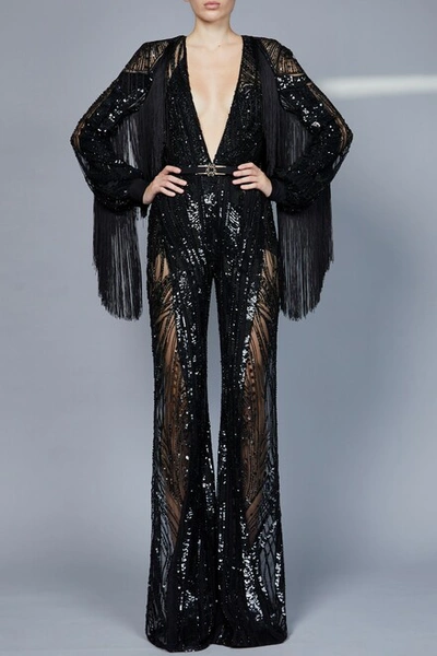 Elie Saab Bead Embroidered Long Sleeve Jumpsuit