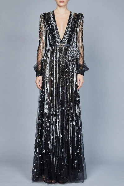 Elie Saab Metallic Sequin Tulle Gown In Black Gold