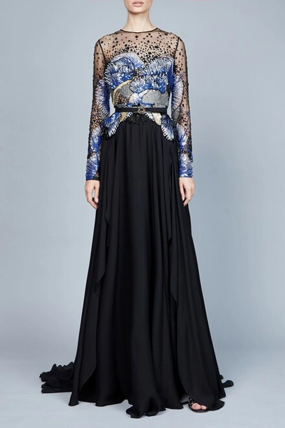Elie Saab Bead Embroidered Long Sleeve Gown