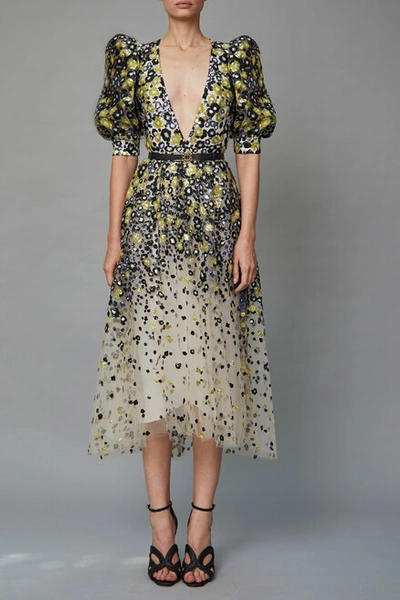 Elie Saab Yarn Embroidered Midi Dress (fr 42) In Multi | ModeSens