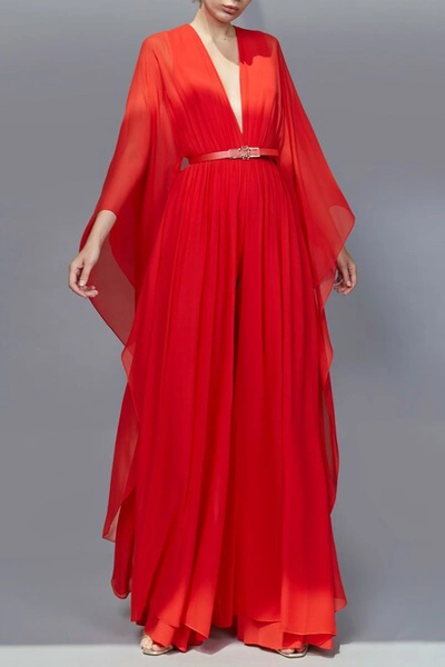 Elie Saab Silk Chiffon Jumpsuit In Red