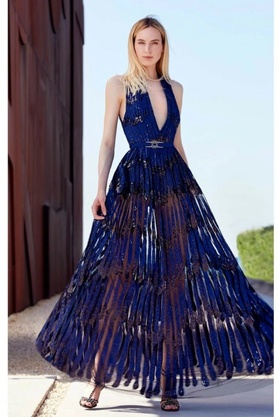 Elie Saab Yarn Embroidered Halter Gown In Navy