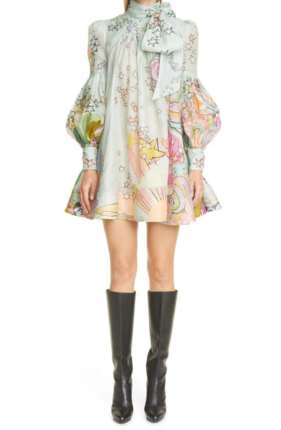 Zimmermann Concert Tie Neck Long Sleeve Linen & Silk Swing Minidress In  Mint Collage | ModeSens