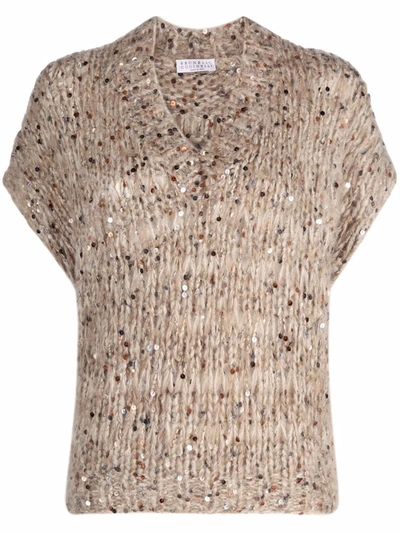 Brunello Cucinelli Brown Mohair Blend Vest With Sequins In Nude