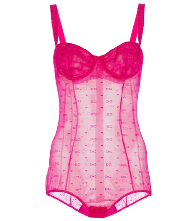 Dolce & Gabbana Jacquard Tulle Balconette-bra Bodysuit In Fuchsia