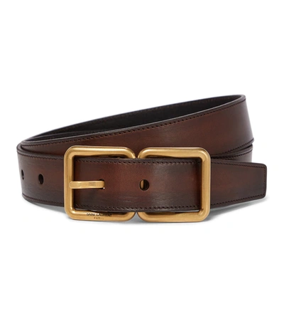 Saint Laurent Double Buckle Leather Belt In Brown