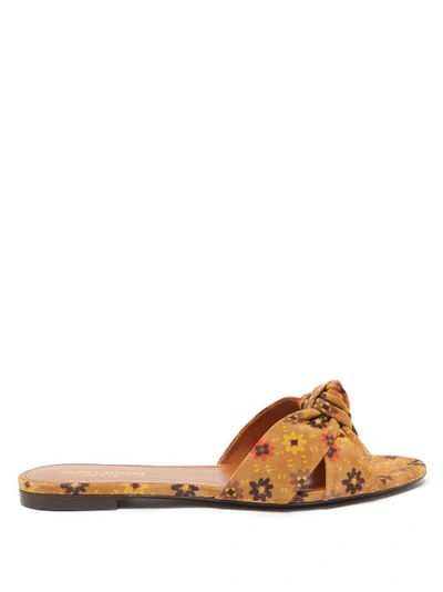 Saint Laurent Bianca Knotted Floral-print Suede Slides In Brown