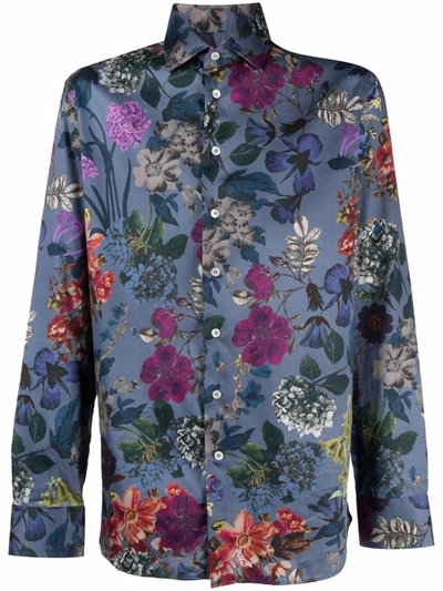 Etro Men's Floral-print Cotton Long-sleeve Shirt In Blue