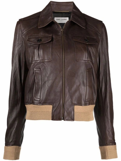 Saint Laurent Creased-effect Multi-pocket Jacket In Brown