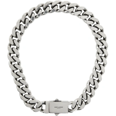 Saint Laurent Silvertone Metal Curb Chain Necklace In Argent Oxyde