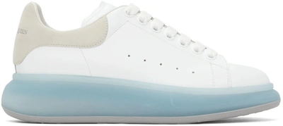 Alexander Mcqueen Man White Oversize Sneakers With Transparent Blue Sole And Gray Suede Spoiler In Grey