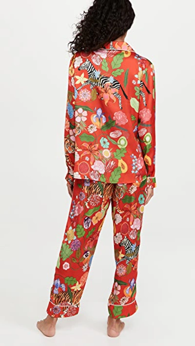 Karen Mabon Tiger Bouquet Satin Pyjama Set In Red