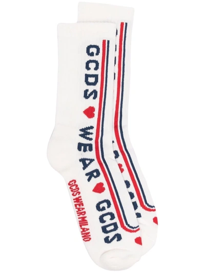 Gcds Slogan Intarsia Ribbed-knit Socks In White