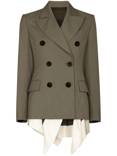 Sacai Womens Khaki Double-breasted Woven And Satin Blazer L In Grey