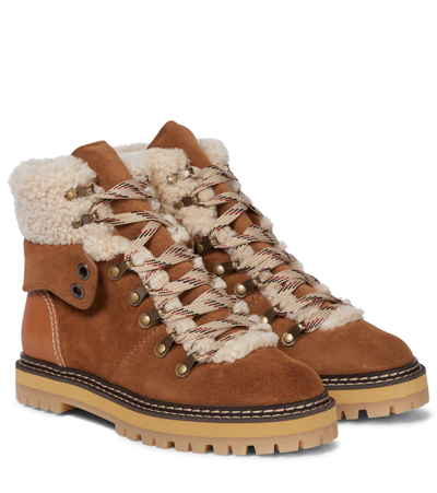 See By Chloé Eilieen Shearling-lined Suede And Leather Ankle Boots In Light Brown