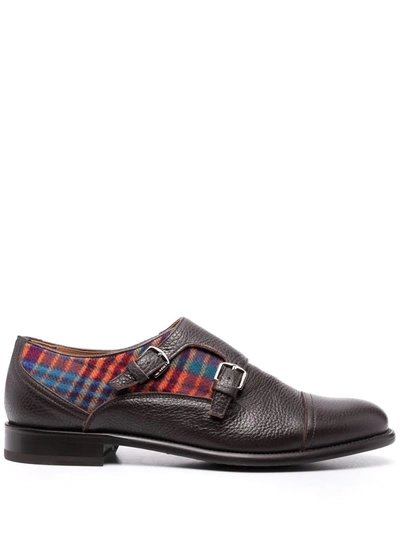 Etro Leather Monk Straps With Tartan Detail In Rot